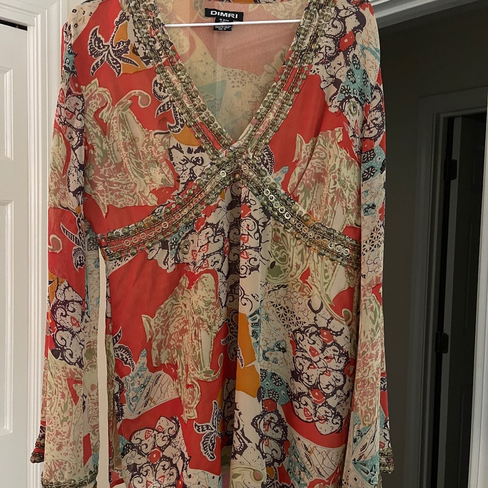Tunic length, flowy, coral chiffon Dimri top